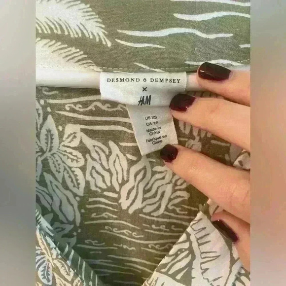 Desmond & Dempsey x H&M Linen Pleated Palm Tree Green White Midi Dress Sz. XS - Picture 5 of 8